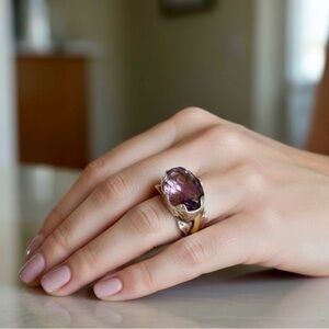 Vintage Handmade Arya 925 stamp Silver&Gold Ring Hammered w/big Amethyst Stone